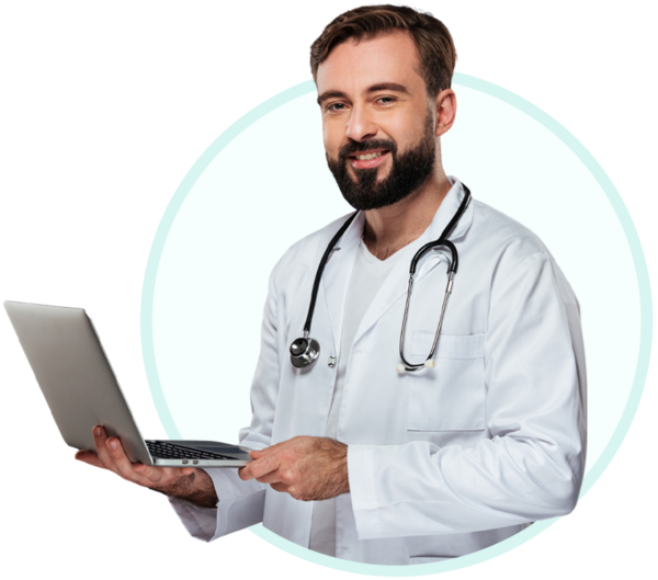 Doctor using clinic software features in India on a laptop to manage appointments, EMR, billing, and patient records.