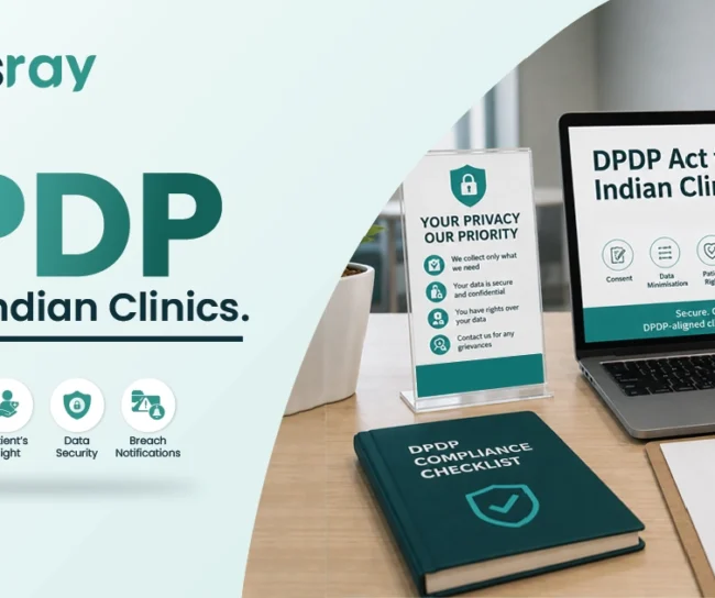 DPDP Act for clinics in India with patient data privacy, consent management, and healthcare data security illustration