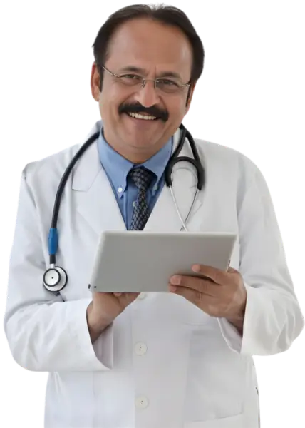 Doctor using free clinic management software in India on a tablet for patient records and clinic administration.