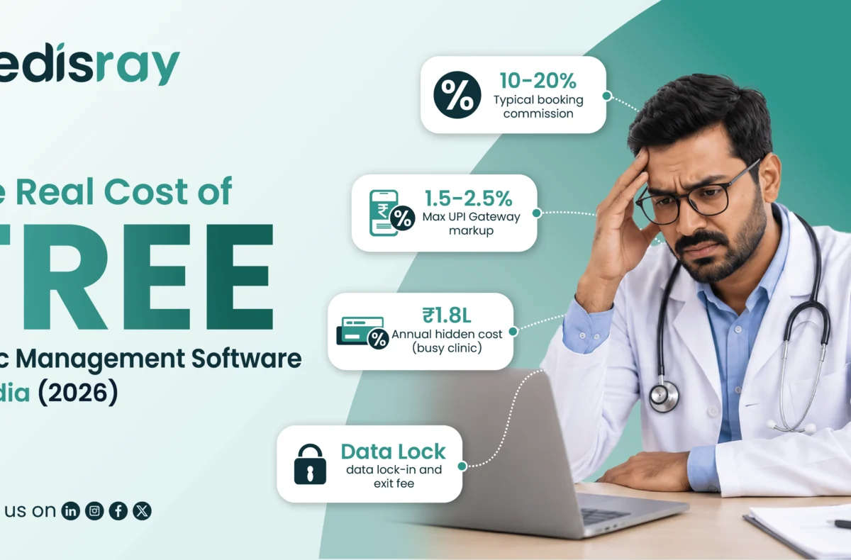 Doctor reviewing the hidden costs of free clinic software in India, including commissions, UPI gateway fees, and data lock-in.
