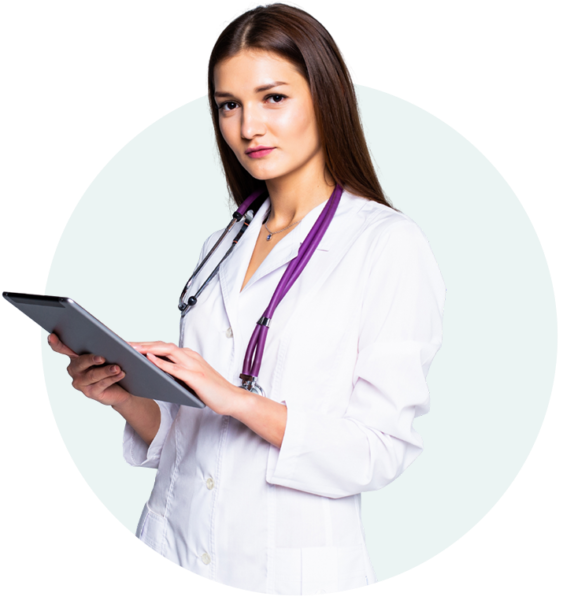 Female doctor using a tablet with Medisray, a Practo Ray alternative in India for appointments, billing, EMR, and patient management.