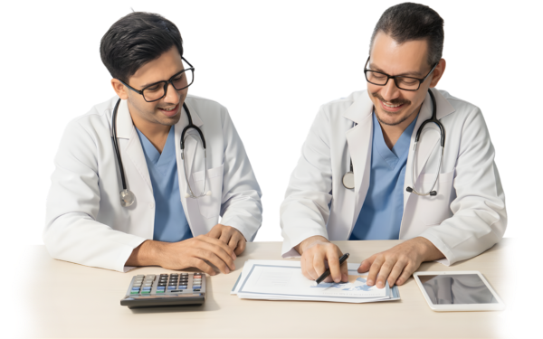 Doctors reviewing clinic software features in India for billing, patient management, appointments, and healthcare operations.