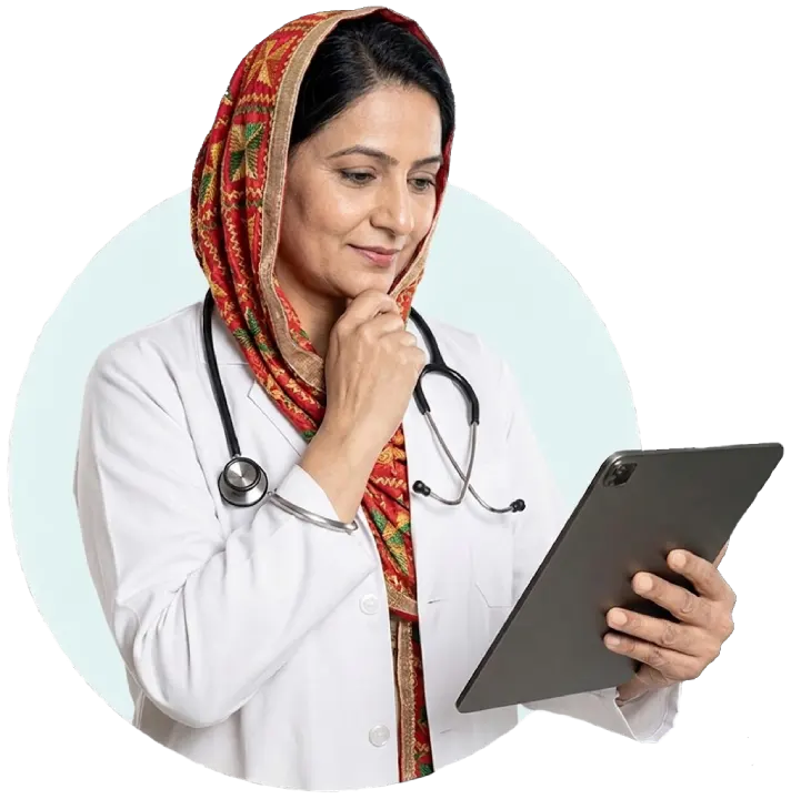 Female doctor using a tablet for digital patient management with clinic management software India solution.