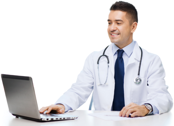 Doctor using laptop for digital patient management with clinic management software India platform.