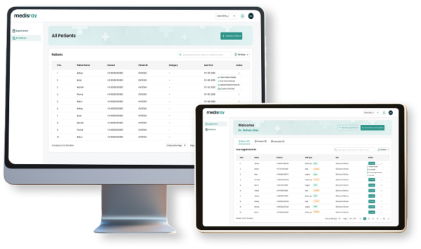 Desktop and tablet displaying patient dashboard with clinic management software India interface.
