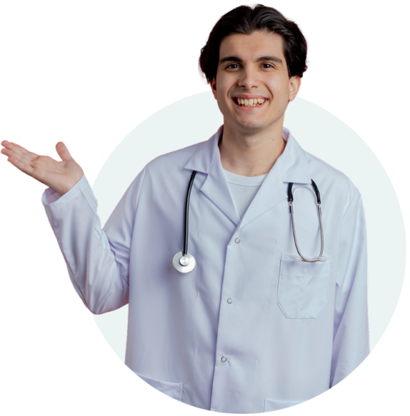 Smiling doctor presenting healthcare solutions with clinic management software India for modern clinics.