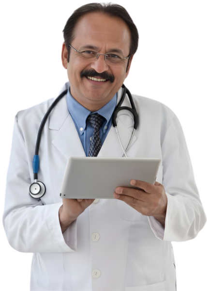 Senior doctor using a tablet for patient management with clinic management software India platform.