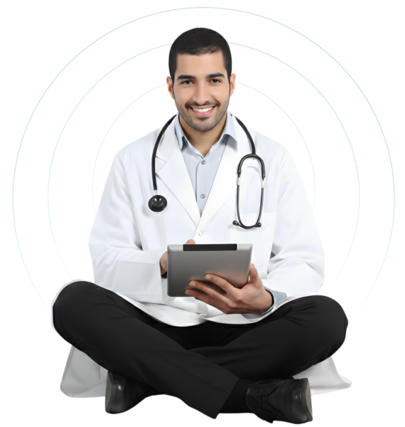 Doctor using a tablet for digital healthcare management with clinic management software India solution.