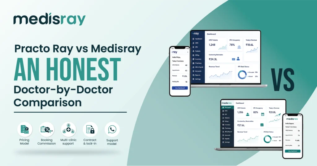 Practo Ray vs Medisray comparison showing clinic management software dashboards with differences in pricing model, booking commission, multi-clinic support, contract lock-in, and support model.