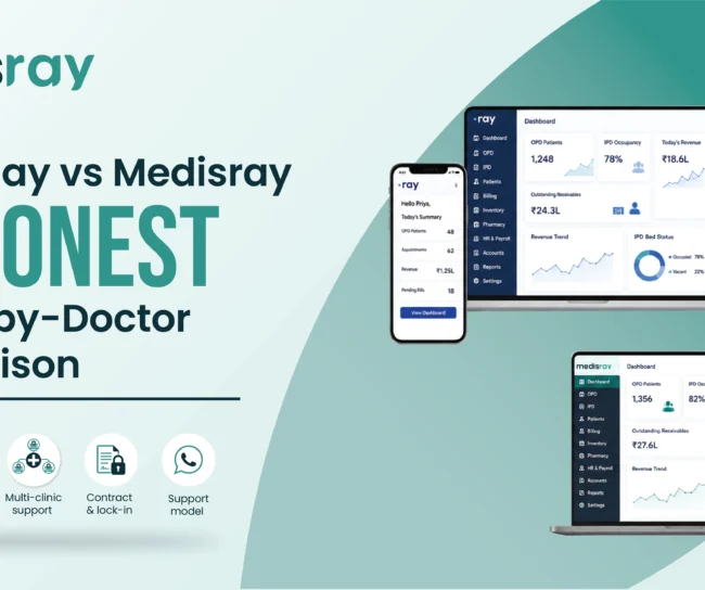 Practo Ray vs Medisray comparison showing clinic management software dashboards with differences in pricing model, booking commission, multi-clinic support, contract lock-in, and support model.