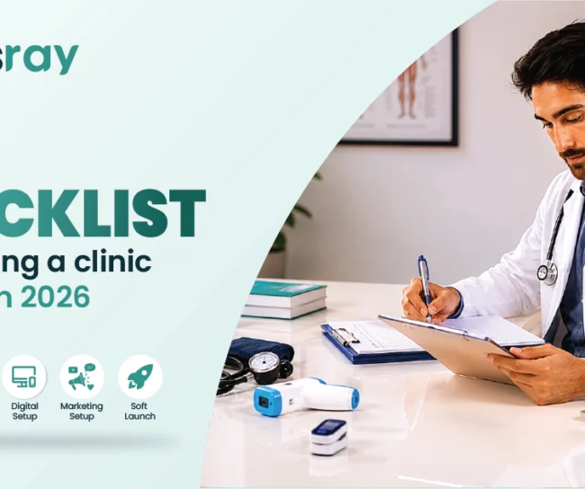 30-day checklist for opening a clinic in India featuring a doctor reviewing documents with legal setup, physical setup, digital setup, marketing setup, and clinic launch stages.