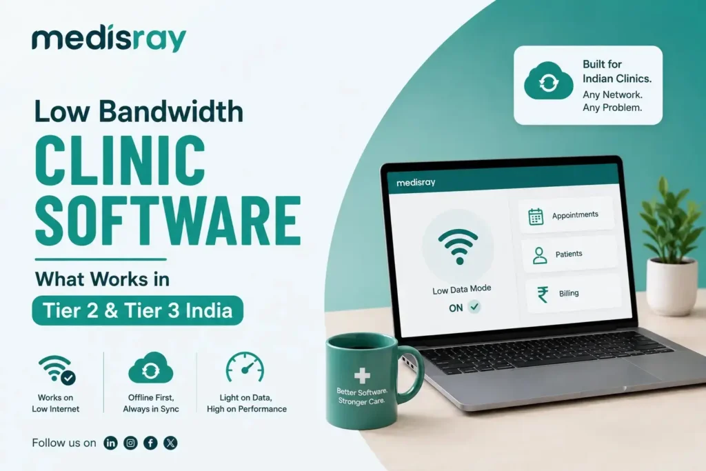 Low-Bandwidth Clinic Software dashboard for Tier 2 and Tier 3 clinics in India with offline-first features and Medisray branding.