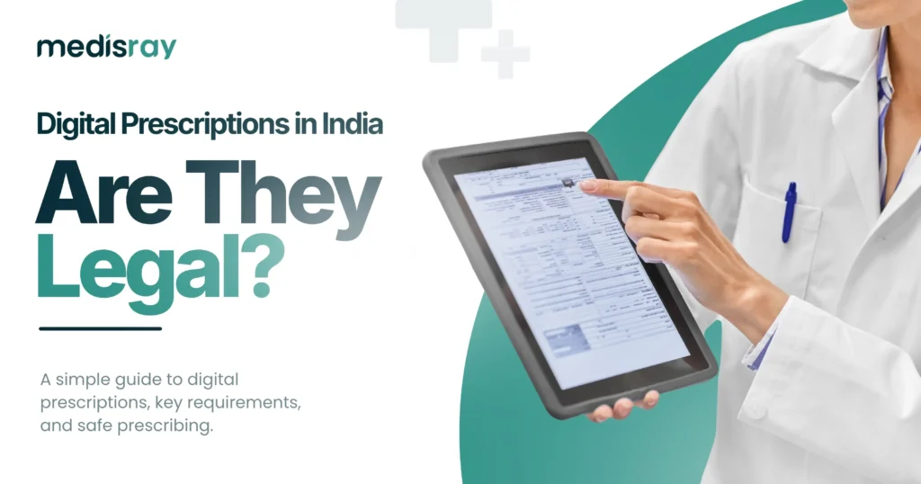 Doctor reviewing a digital prescription in India on a tablet using Medisray clinic software