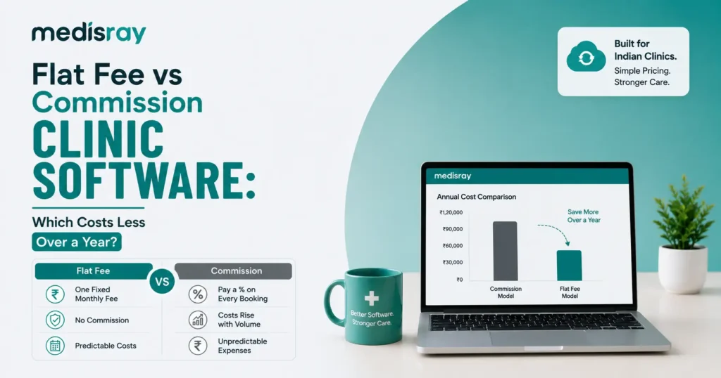 Flat fee clinic software comparison showing fixed pricing versus commission-based clinic software for Indian clinics