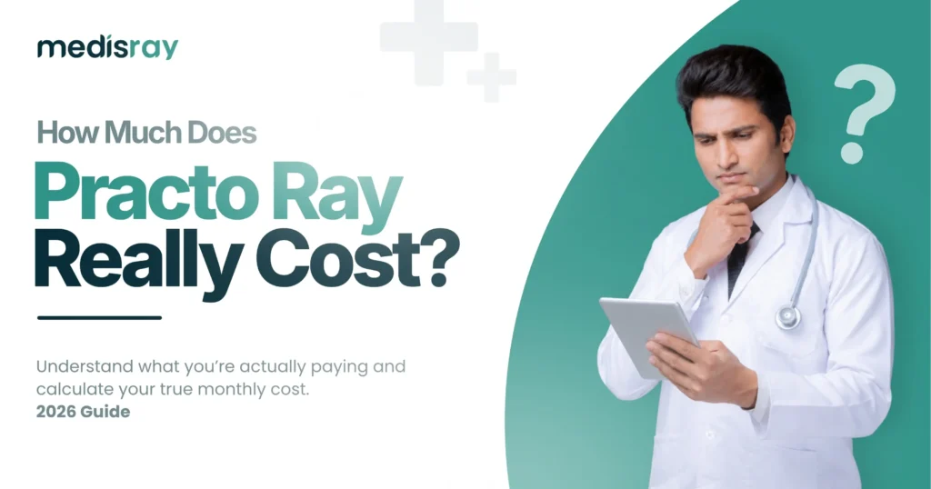 How much does Practo Ray really cost doctor calculating Practo Ray commission and monthly fees on a tablet