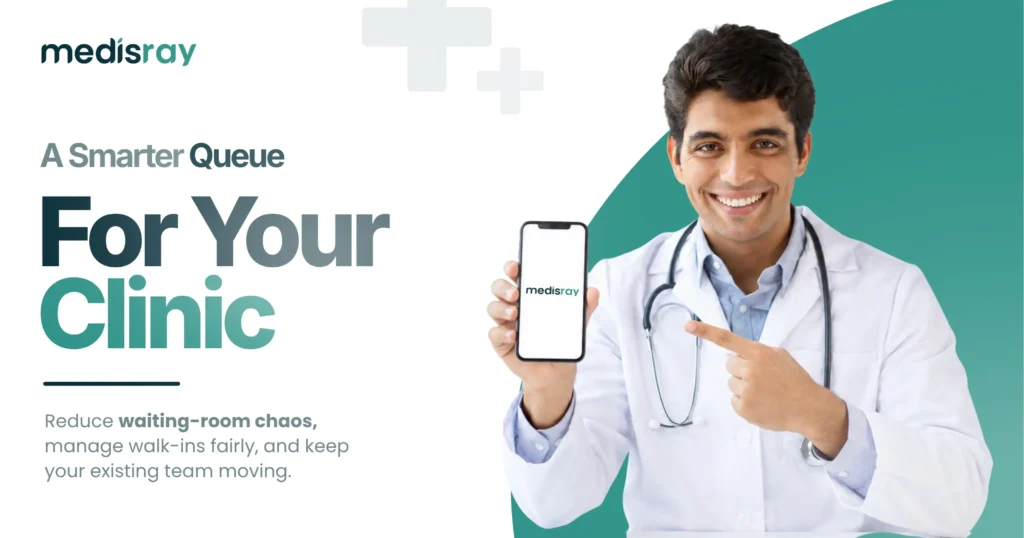 Clinic queue management: doctor showing the Medisray app to reduce waiting-room chaos and manage walk-ins