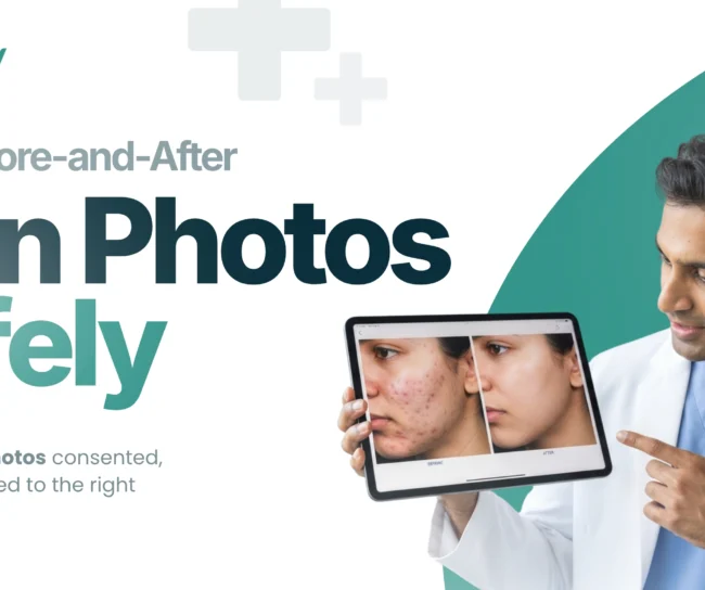 Dermatology photo records - dermatologist reviewing clinical skin photos linked securely to a patient record on a tablet