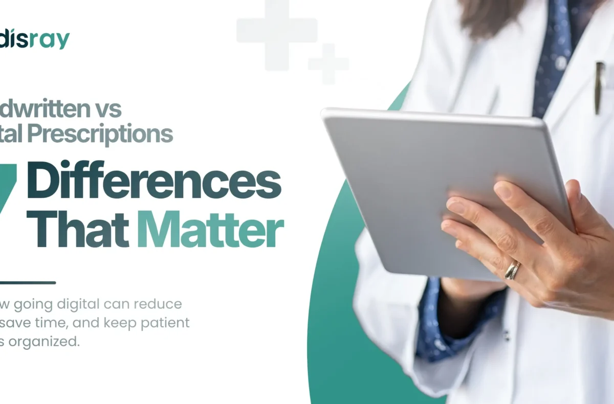 Handwritten vs digital prescription doctor using a tablet to show 7 differences that matter for Indian clinics