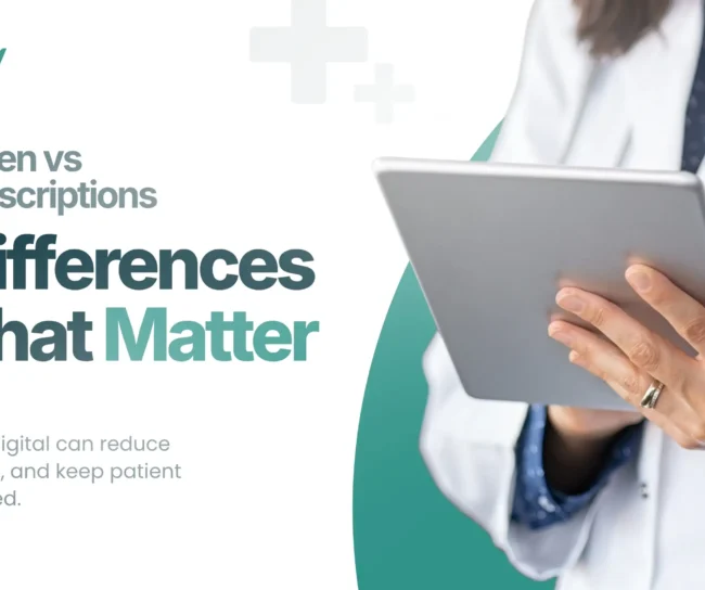 Handwritten vs digital prescription doctor using a tablet to show 7 differences that matter for Indian clinics