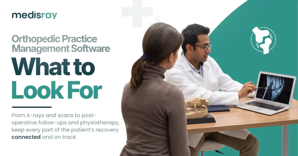 Orthopedic practice management software - orthopedic doctor reviewing a knee scan with a patient on a laptop
