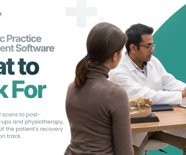 Orthopedic practice management software - orthopedic doctor reviewing a knee scan with a patient on a laptop