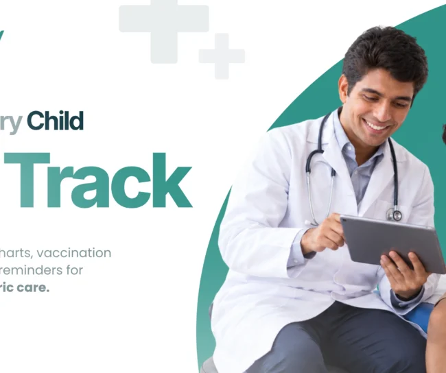 Pediatric clinic software - pediatrician using a tablet with a child to support smarter pediatric care