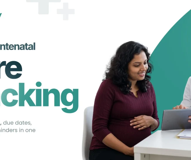 Antenatal care software - doctor reviewing a pregnant patient's ANC visit record on a tablet