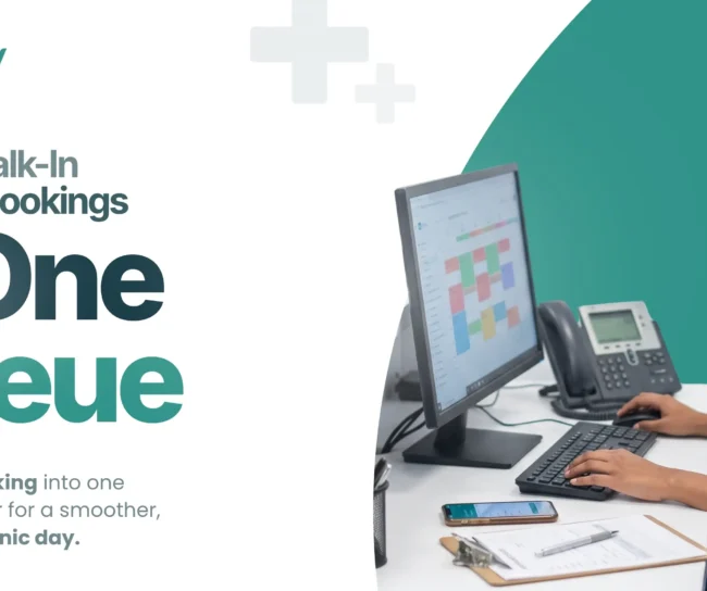 Clinic appointment management - receptionist handling online, walk-in and phone bookings in one shared queue on screen