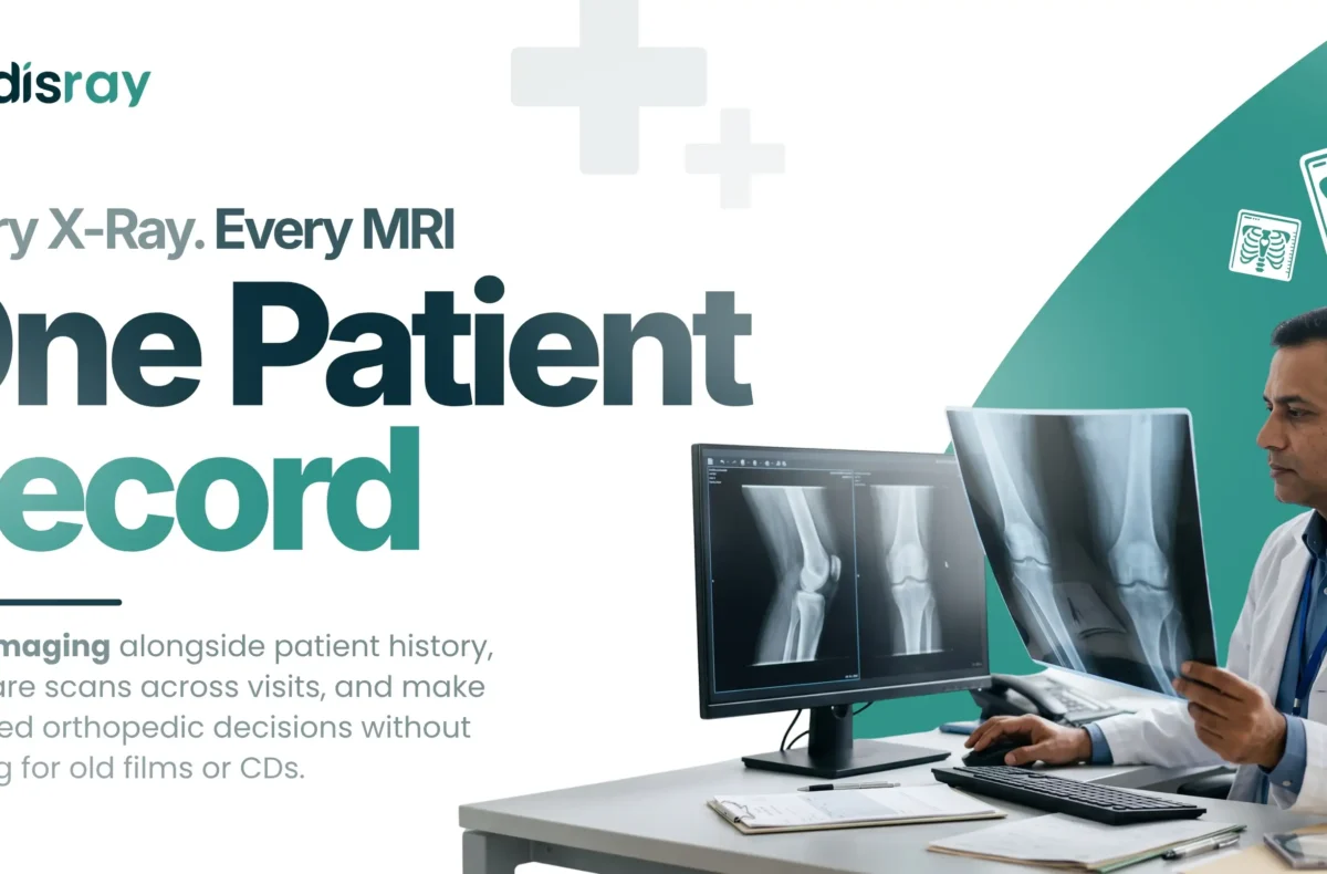 Orthopedic imaging records - orthopedic doctor reviewing knee X-rays kept in one patient record
