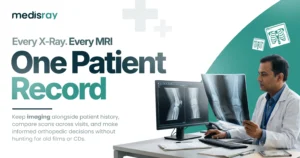 Orthopedic imaging records - orthopedic doctor reviewing knee X-rays kept in one patient record