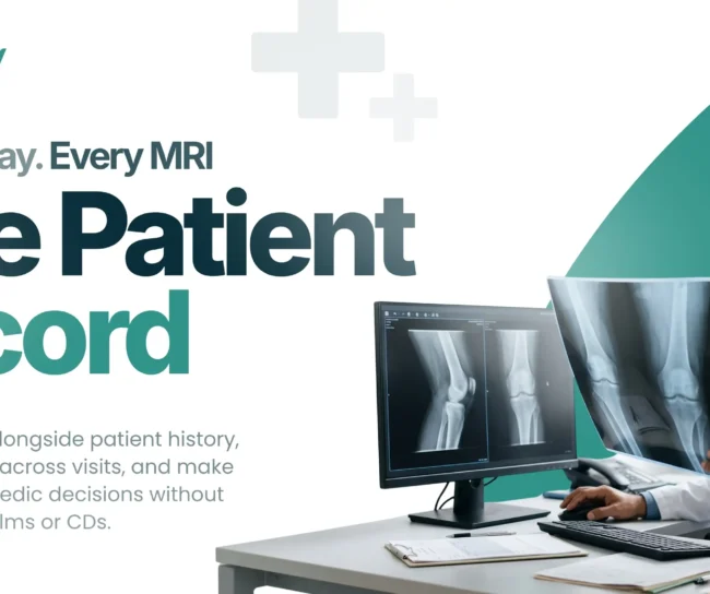 Orthopedic imaging records - orthopedic doctor reviewing knee X-rays kept in one patient record